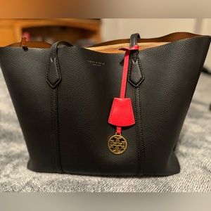 Tory Burch Perry Tote in black pebbled leather.